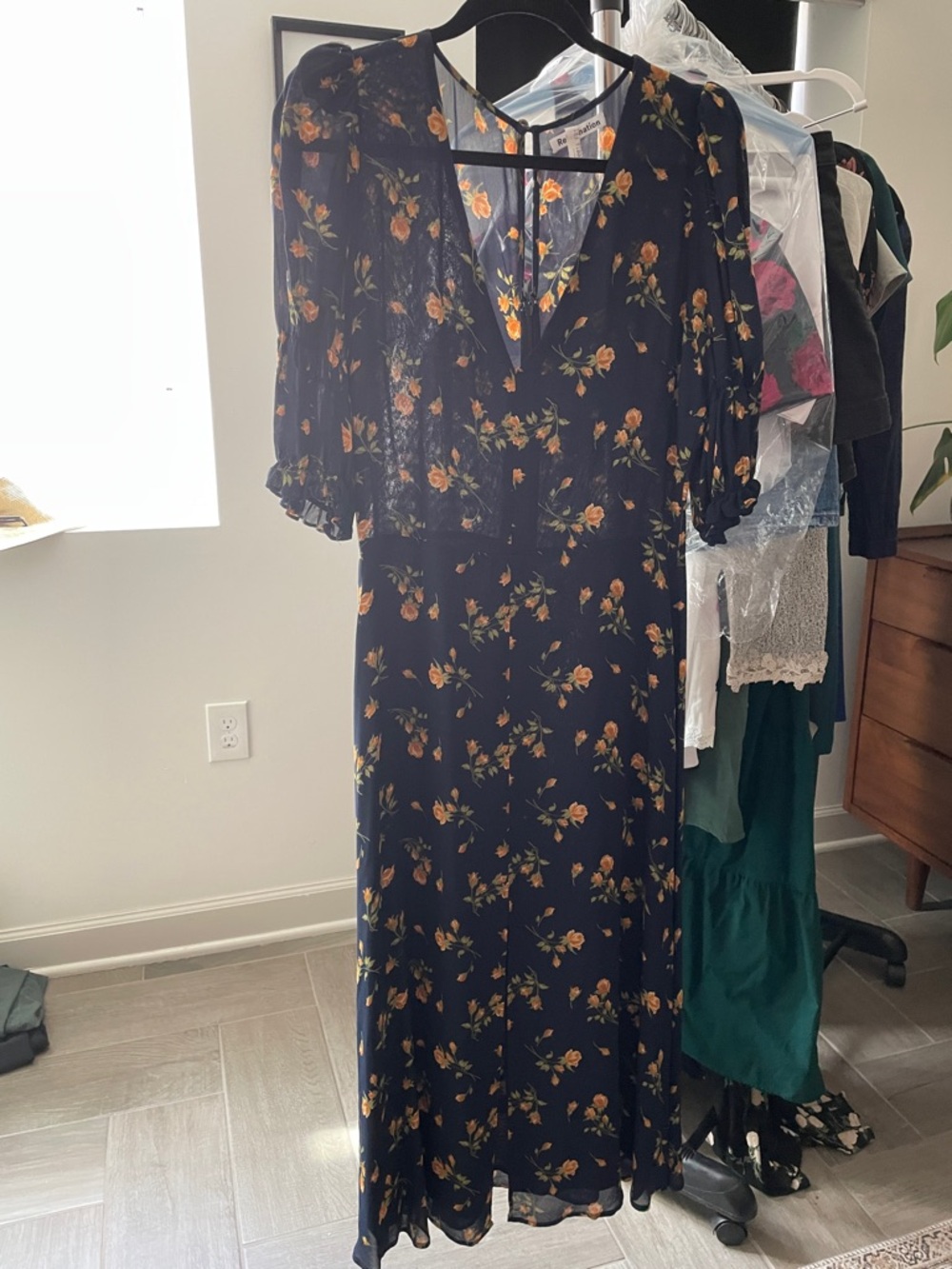 Reformation Navy Maxi Dress with Yellow Floral Print